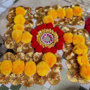 AIFAD Decorated Marigold Satiya Rangoli portable rangoli Diya with wax, Diwali Decoration, Corporate Gift Set 3 pcs Satiya Rangoli with 2 rounds
