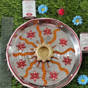 AIFAD Hand Painted Pooja Aarti Thali Orange Red with Clay/Mitti Diya