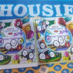 AIFAD PartyStuff Housie ticket for the Birthday party theme. Strike Theme Tambola Housie Ticket Kitty Games Designer Kukuba 2 (12 Cards)
